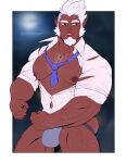  1boy abs absurdres artist_name bara beard biceps blurry blurry_background collared_shirt facial_hair fangs feet_out_of_frame full_moon highres jockstrap large_pectorals long_sideburns looking_to_the_side male_focus male_underwear manly mature_male moon moonlight muscular muscular_male neck night night_sky nipples original outdoors pectorals pointy_ears red_eyes rumple_tumple shirt short_hair sideburns sky solo stubble teeth thick_arms thick_eyebrows thick_thighs thighs tongue tongue_out torn_clothes twitter_username underwear white_hair 