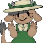 1:1 2021 4_fingers ambiguous_gender anthro blush blush_stickers bovid bovine broken_horn brown_body brown_fur cattle clothed clothing collared_shirt digital_media_(artwork) fingers fur green_clothing green_overalls green_ribbon grey_hair grey_horn hair hat headgear headwear horn low_res mammal manitka manitka_storm overalls shirt short_hair simple_background simple_eyes smile solo straw_hat tan_clothing tan_shirt tan_topwear topwear white_background