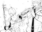  1boy 1girl animal_ears highres hitobashira_(1746164306) holding holding_instrument instrument mio_(xenoblade) music noah_(xenoblade) playing_instrument trumpet xenoblade_chronicles_(series) xenoblade_chronicles_3 