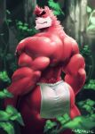  2021 absurd_res anthro back_muscles big_muscles black_nose bottomwear brown_body brown_fur brown_nipples butt clothing cursedmarked eyebrows forest fur hi_res huge_muscles hyper hyper_muscles kumatetsu loincloth looking_back male mammal muscular muscular_anthro muscular_male nipples outside plant solo standing the_boy_and_the_beast thick_eyebrows tree ursid 