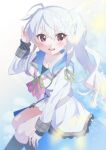  1girl 9-nine- :d ahoge belt black_socks bow bowtie braid collarbone commentary dress eyes_visible_through_hair feet_out_of_frame frilled_dress frills green_ribbon grey_belt grey_hair hair_between_eyes hair_ribbon hand_up happy highres kneehighs light_particles long_hair long_sleeves looking_at_viewer minami773 niimi_sora open_mouth pink_bow pink_bowtie purple_eyes ribbon school_uniform short_dress side_ponytail sidelocks simple_background single_braid sitting sleeves_past_wrists smile socks solo teeth upper_teeth_only white_background white_dress 