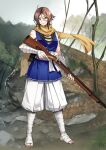  1girl ahoge arm_at_side bandaged_arm bandaged_foot bandaged_hand bandaged_leg bandages bare_shoulders bead_necklace beads blue_kimono breasts brown_eyes brown_hair chest_sarashi closed_mouth fate/grand_order fate_(series) full_body game_cg gun hair_between_eyes hand_up holding holding_gun holding_weapon japanese_clothes jewelry kimono legs_apart long_hair_between_eyes looking_at_viewer medium_breasts multiple_scars musket necklace official_art pants parted_bangs puffy_pants rifle sarashi sash scar scar_on_arm scar_on_face scar_on_nose scar_on_shoulder scarf short_hair sleeveless sleeveless_kimono smile solo standing sugitani_zenjubou_(fate) sugitani_zenjubou_(first_ascension)_(fate) takenaka_hideo third-party_source toes tomboy trigger_discipline variant_set waist_sash weapon white_pants white_sash yellow_scarf 