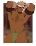  1boy abs absurdres arm_behind_head armband armpit_hair armpits artist_name bandaged_arm bandages bara beard biceps black_hair blonde_hair blush brown_eyes ear_piercing earrings facial_hair feet_out_of_frame fundoshi hairy highres japanese_clothes jewelry large_pectorals leather looking_at_viewer male_focus male_underwear manly mature_male multicolored_hair nipples original pectorals piercing pose rumple_tumple scar scar_on_chest scar_on_face short_hair smirk solo spiked_hair tan teeth thick_arms thick_eyebrows thick_thighs thighs twitter_username underwear 