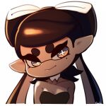  1girl bare_shoulders black_dress black_hair blue_eyes bow-shaped_hair breasts callie_(splatoon) callie_(squid_sisters_outfit)_(splatoon) cleavage collar commentary_request coula_cat cropped_torso cross-shaped_pupils detached_collar dot_nose dress half-closed_eyes head_tilt inkling large_ears light_smile long_hair looking_at_viewer medium_breasts mole mole_under_eye multicolored_eyes pointy_ears signature simple_background smile solo sparkling_eyes splatoon_(series) splatoon_1 strapless strapless_dress swept_bangs symbol-shaped_pupils tentacle_hair thick_eyebrows thick_eyelashes two-tone_eyes v-shaped_eyebrows white_background white_collar yellow_eyes 