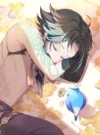  1boy arm_tattoo bangs beads bird black_gloves black_hair blue_bird closed_eyes facial_mark flower forehead_mark genshin_impact gloves green_hair highres jewelry leaf lying male_focus multicolored_hair on_side seri_gnsn sleeping solo tattoo upper_body xiao_(genshin_impact) 