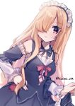  1girl 9-nine- :/ alternate_costume bare_shoulders black_dress blonde_hair blush bow bowtie ch2sh closed_mouth commentary_request cowboy_shot detached_collar detached_sleeves dress dress_bow dutch_angle enmaided frilled_sleeves frills frown ghost_(9-nine-) grey_bow grey_bowtie hair_over_one_eye hand_on_own_hip highres long_bangs long_hair looking_at_viewer maid maid_day maid_headdress nine_ball_maid_uniform one_eye_covered red_bow red_eyes simple_background sketch skirt_hold sleeveless sleeveless_dress solo sweatdrop twitter_username very_long_hair white_background 