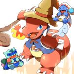  belt black_mage_(final_fantasy) black_mage_(final_fantasy)_(cosplay) blue_eyes blue_mage_(final_fantasy) blue_mage_(final_fantasy)_(cosplay) blue_tunic brown_belt brown_hat charmeleon claws clothed_pokemon cosplay eye_mask final_fantasy final_fantasy_v fire flame-tipped_tail full_body hat highres holding holding_staff ivysaur looking_at_viewer open_mouth pokemon pokemon_(creature) simple_background staff standing starter_pokemon_trio tail tatu_wani tunic wartortle white_background white_mage_(final_fantasy) white_mage_(final_fantasy)_(cosplay) 