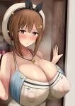  1girl atelier_(series) atelier_ryza bangs bare_arms blurry blurry_background blush breasts brown_eyes brown_hair cleavage closed_mouth collarbone commentary_request covered_nipples doorway hair_ribbon highres huge_breasts jewelry long_hair necklace reisalin_stout ribbon shirt sivasiva0127 solo star_(symbol) star_necklace steam upper_body white_headwear white_shirt 