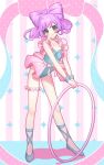  1girl bare_arms blue_leotard blue_shoes blue_wrist_cuffs blush bow bow-shaped_hair commentary dot_nose frilled_cuffs frilled_garter frills full_body green_eyes highres hoop hula_hoop leaning_forward legs_apart leotard looking_at_viewer manaka_laala mendamen miniskirt pink_bow pink_garter pink_skirt polka_dot_leotard pretty_series pripara purple_hair shoes showgirl_skirt skirt smile solo standing twitter_username vertical-striped_background wrist_cuffs 
