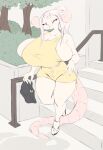 anthro big_breasts breasts clothing dullvivid female footwear fur hair half-closed_eyes hi_res huge_breasts kimberly_(dullvivid) mammal mouse mousemallow murid murine narrowed_eyes pink_body pink_hair pink_skin ponytail purse rodent sandals shoes skimpy_dress smile solo white_body white_fur