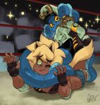 admirable_octavia alex_ahad animal_humanoid anthro bae_wulf blonde_hair blue_body bodily_fluids bottomwear breasts canid canid_humanoid canine canine_humanoid cephalopod clothing coleoid colored_nails dark_body dark_skin denim denim_bottomwear denim_clothing denim_shorts digital_drawing_(artwork) digital_media_(artwork) duo female fight fighting_ring fingerless_gloves fingernails gloves hair handwear hat headgear headwear horizontal_pupils humanoid lying mammal mammal_humanoid marine military_cap military_uniform mollusk nails non-mammal_breasts noseless octopodiform octopus on_front one_eye_closed pupils short_hair shorts sitting_on_another suction_cup sweat tentacles uniform watermark wolf_humanoid wrestling yellow_eyes yellow_fingernails yellow_nails yellow_sclera