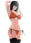  1girl absurdres armpits arms_behind_head ass black_hair bra breasts brown_eyes candy food hair_flowing_over highres hime_cut kakitama lace-trimmed_bra lace-trimmed_panties lace_trim large_breasts lollipop long_hair looking_at_viewer mouth_hold navel orange_bra orange_panties original panties side-tie_panties thighhighs underwear white_background 
