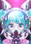  1girl absurdres animal_ear_headphones animal_ears bangs bare_shoulders blue_eyes blue_hair fake_animal_ears hatsune_miku highres kinosuke_(pattaba) long_hair looking_at_viewer portrait respirator solo twintails vocaloid 