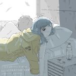  1boy 1girl 2018 bed black_eyes blue_hair bottle drawstring grey_hair highres hood hooded_jacket illustration.media indoors jacket long_sleeves looking_at_viewer lying original oshima_tomoko pill pillow shadow window yellow_jacket 