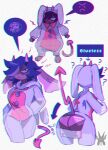  angry anthro blue_clothing blush blush_lines breasts butt butt_shot clothing demon english_text fur hair hi_res horn hybrid lagomorph long_ears mammal motion_lines paws pink_clothing purple_body purple_fur purple_hair question_mark red_tail salem_(wolfertinger) signature sings solo spade_tail text trans_(lore) trans_man_(lore) underwear white_clothing wings wolfertinger wolpertinger 