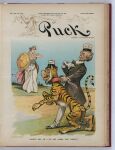 1897 19th_century absurd_res ancient_art armor blue_sky bottomwear bow_tie breastplate cape clothing collar felid female feral gloves group handwear hat headgear headwear hi_res holding_collar holding_object holding_shield human licking licking_lips louis_dalrymple male mammal new_york pantherine political_cartoon politics puck_(magazine) red_collar ribbons shield skirt sky standing suit tammany_tiger thomas_platt tiger tongue tongue_out trio white_clothing white_hat white_headwear