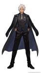  1boy alphen_(tales) alternate_costume bangs dark-skinned_male dark_skin formal full_body hair_between_eyes hands_in_pockets highres jacket long_sleeves looking_at_viewer off-shoulder_coat off-shoulder_jacket off_shoulder official_alternate_costume official_art open_clothes open_jacket short_hair solo spiked_hair suit tales_of_(series) tales_of_arise white_hair 