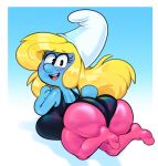  &lt;3_pupils bent_over big_breasts big_butt black_eyes blonde_hair blue_body bottomwear breasts butt clothing female hair hat headgear headwear hi_res huge_breasts huge_butt humanoid kneeling leotard looking_at_viewer looking_back open_mouth pants smurf smurfette solo somescrub the_smurfs thick_thighs yoga_pants 