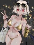  1girl absurdres bare_shoulders bikini black_nails blush breasts can demon demon_girl demon_horns demon_tail eyewear_on_head gold_bikini helltaker highres holding holding_can horns looking_at_viewer malina_(helltaker) navel noah_(tettsui-sole) red_eyes salute standing sweat swimsuit tail thighs two-finger_salute white_hair 