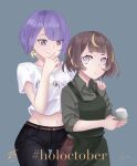  2girls absurdres alternate_costume anya_melfissa apron black_pants blonde_hair blunt_bangs brown_hair brown_pants chandraaa_d character_name closed_mouth collared_shirt commentary cropped_shirt cup drooling earrings fang fang_out green_apron green_shirt hand_on_another's_shoulder hand_on_own_chin highres holding holding_cup hololive hololive_indonesia jewelry light_blush looking_back midriff moona_hoshinova moona_hoshinova_(casual) multicolored_hair multiple_girls navel no_pupils official_alternate_costume official_alternate_hairstyle pants purple_eyes purple_hair shirt short_hair simple_background sleeves_pushed_up smile star_(symbol) star_earrings streaked_hair swept_bangs thigh_gap virtual_youtuber white_shirt 