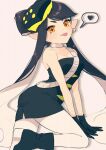  1girl :3 ankle_boots arched_back arm_support back_slit black_boots black_dress black_gloves black_hair boots bow-shaped_hair breasts callie_(splatoon) callie_(squid_sisters_outfit)_(splatoon) cleavage collarbone colored_inner_hair coula_cat cowboy_shot cross-shaped_pupils dot_nose dress drop_shadow earrings floating_hair food-themed_hair_ornament from_side gloves hair_ornament heart highres jewelry knee_up large_ears leaning_forward light_blush long_hair looking_at_viewer looking_to_the_side mole mole_under_eye multicolored_hair pantyhose pencil_dress pointy_ears sash short_dress shoulder_sash silver_choker small_breasts solo speech_bubble splatoon_(series) spoken_heart strapless strapless_dress swept_bangs symbol-shaped_pupils tongue tongue_out two-tone_hair v-shaped_eyebrows very_long_hair white_background white_hair white_pantyhose yellow_eyes 
