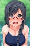  1girl asymmetrical_hair bangs black_eyes black_hair blunt_bangs blurry blurry_background braid breasts cleavage collarbone commentary competition_school_swimsuit d: embarrassed furrowed_brow glasses grimace hair_over_shoulder hino_minato_(spec.c) long_hair looking_at_viewer love_live! love_live!_nijigasaki_high_school_idol_club medium_breasts nakagawa_nana red-framed_eyewear school_swimsuit semi-rimless_eyewear side_braid solo swept_bangs swimsuit teeth tongue under-rim_eyewear upper_body upper_teeth yuuki_setsuna_(love_live!) 