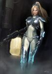  assault_rifle blonde_hair blue_eyes bodysuit boobplate darren_tan goggles goggles_on_head gun high_ponytail highres holding holding_gun holding_weapon looking_at_viewer nova_(starcraft) ponytail realistic rifle solo starcraft weapon 