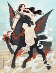  1girl animal architecture bat_wings black_dragon black_hair blue_sky closed_mouth day dragon earrings fire flying hair_ornament jewelry long_hair miki_katoh_(hinamokuren) open_mouth original outdoors pale_skin qilin_(mythology) sitting sitting_on_animal sky watermark wings 