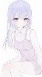  1girl absurdres bare_legs blue_hair commentary_request dress feet_out_of_frame grey_dress highres idolmaster idolmaster_shiny_colors long_hair looking_at_viewer partial_commentary pinafore_dress purple_eyes shirt simple_background sitting sleeveless sleeveless_dress solo straight_hair suzuki_hana tsuchi_(sh_spica1) white_background white_shirt 