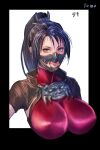  1girl black_border black_hair bodysuit border breasts brown_eyes covered_nipples high_ponytail highres large_breasts mask mouth_mask ninja ninja_mask red_bodysuit skin_tight soulcalibur taki_(soulcalibur) tomo_eokaiteru white_background 