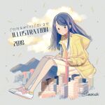  1girl 2018 blue_hair blush city cloud drawstring dress giant giantess grass grey_background hood hood_down hooded_jacket illustration.media jacket long_hair looking_at_viewer mountain original shoes signature socks solo somemachi white_dress white_footwear yellow_jacket yellow_socks 