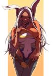  1girl animal_ears bangs belt boku_no_hero_academia breasts clothes_lift clothes_pull collarbone covered_navel crescent_print dark-skinned_female dark_skin denim highleg highleg_leotard highres kristallion large_breasts leotard leotard_under_clothes lifted_by_self long_eyelashes long_hair looking_at_viewer mirko open_mouth orange_shirt pants pants_pull parted_bangs pillarboxed rabbit_ears rabbit_girl raised_eyebrow red_eyes shirt shirt_lift smile solo taut_leotard toned uneven_eyes white_hair white_leotard yellow_background 