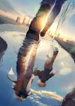  absurdres aged_down black_boots black_jacket black_shirt blonde_hair blue_sky boots cloud cloudy_sky different_reflection dual_persona folded_umbrella from_behind happy_birthday highres holding_hands jacket kagerou_project kano_shuuya noda_(siryoku_waru) puddle reflection reflective_water ripples shirt shoes sky sunset time_paradox transparent transparent_umbrella two-sided_hoodie two-tone_hoodie umbrella walking water white_shoes 