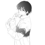  1boy 3_1_21 applying_lipstick applying_makeup cosmetics from_side furrowed_brow greyscale highres holding holding_lipstick_tube jacket lipstick_tube long_sleeves looking_at_viewer male_focus mizuki_hajime monochrome pinky_out puckered_lips short_hair simple_background solo tennis_no_ouji-sama track_jacket upper_body wavy_hair white_background wispy_bangs 