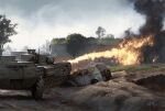  armored_personnel_carrier armored_vehicle battle broken bunker bush car caterpillar_tracks crater darren_tan day dead_plants fire flamethrower military_vehicle motor_vehicle no_humans original scenery smoke tank tree vehicle_request weapon world_war_ii 