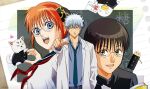  anime_coloring black_shirt blue_eyes blue_necktie blue_shirt brown_eyes brown_hair bun_cover closed_eyes coat collared_shirt elizabeth_(gintama) food food_in_mouth gintama glasses grey_hair highres kagura_(gintama) lab_coat messy_hair missing_commentary necktie nika_a1 open_mouth orange_hair pocky pocky_in_mouth pointing pointing_at_viewer sadaharu sakata_gintoki school_uniform shimura_shinpachi shirt short_hair smile white_coat 