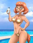 absurd_res anthro beach bikini breasts canid canine canis clothed clothing digital_media_(artwork) disney domestic_dog eyewear female fur glasses golden_week goof_troop hair hi_res link6432 looking_at_viewer mammal red_hair simple_background smile solo swimwear sylvia_marpole tail thick_thighs topwear two-piece_swimsuit wide_hips