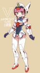  1girl ass_visible_through_thighs bangs bodysuit character_name covered_navel green_eyes gundam helmet highres humanization looking_at_viewer michi_kuso open_hand pink_hair smile solo standing victory_gundam victory_gundam_hexa white_bodysuit 