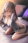  1girl :3 absurdres ann_(enye5842) arm_support ass azur_lane bare_legs bed bed_sheet bra breasts brown_hair butt_crack cleavage closed_mouth collarbone commentary commission crossed_bangs hair_between_eyes hair_ribbon highres large_breasts long_sleeves looking_at_viewer mixed-language_commentary murmansk_(azur_lane) on_bed panties pixiv_commission purple_bra purple_eyes purple_panties ribbon shirt sidelocks smile solo underwear white_shirt 