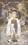  1girl 2024 black_dragon closed_mouth dragon highres japanese_clothes kimono miki_katoh_(hinamokuren) open_mouth original outdoors solo standing sword thunder traditional_media water watermark waves weapon white_hair white_kimono 