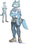  anthro beastars big_breasts black_clothing bodily_fluids breasts brown_clothing canid canine canis clothing crossgender female fluffy fur grey_body grey_fur grey_hair grey_tail hair hi_res legoshi_(beastars) looking_away mammal solo sweat white_body white_clothing white_fur wolf wolfertinger 