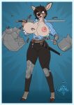 absurd_res anthro armor belt big_breasts biped bouncing_breasts breastplate breasts brow_eyes brown_body brown_fur brown_hair buckle bursting_breasts bursting_out_of_armor bursting_out_of_clothing chromakoros clothed clothing clothing_scraps cloven_hooves deer elena_cielo embarrassed embarrassed_female erect_nipples female female_anthro front_view fur gambeson hair hand_on_weapon hi_res hooves mammal melee_weapon nipples scabbard shocked solo standing sword tamagotchi thick_thighs wardrobe_malfunction weapon