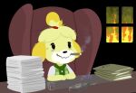  2018 animal_crossing anthro black_nose bodily_fluids bottle canid canine canis cigar clothed clothing container cup desk domestic_dog female fire fur furniture hair isabelle_(animal_crossing) mammal nintendo paper shih_tzu sitting solo table tears toy_dog tyokio video_games yellow_body yellow_fur 