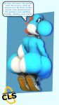 3d_(artwork) anthro big_butt blue_body butt clothing collar cyan_yoshi cyrus_(cyrusthelewdshi) cyrusthelewdshi dialogue digital_media_(artwork) english_text eyewear footwear glasses hi_res looking_at_viewer looking_back looking_back_at_viewer male mario_bros multicolored_body nintendo nude raised_tail rear_view shoes solo source_filmmaker_(artwork) speech_bubble tail text two_tone_body white_body yoshi