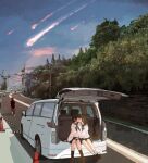  2girls 6+others absurdres asteroid cityscape ground_vehicle highres kiss landscape manhole manhole_cover motor_vehicle multiple_girls multiple_others original power_lines road traffic_cone tree van xpomorin yuri 