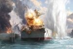  battle blue_sky cannon chain darren_tan day dock explosion fire harbor no_humans ocean original scenery ship ship_turret sky smoke water watercraft world_war_ii 