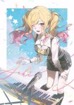  1girl ;d asymmetrical_skirt black_skirt blonde_hair blue_sky blush boots border character_name collared_shirt confetti costume_request dated gradient_hair hand_on_own_thigh happy_birthday highres instrument keyboard_(instrument) knee_boots lace-up_boots leaning_forward long_hair long_sidelocks looking_at_viewer m33hae microphone miniskirt multicolored_hair one_eye_closed parted_bangs pencil_skirt pink_eyes pink_hair pleated_skirt project_sekai shirt sidelocks skirt sky smile solo standing standing_on_one_leg star_(symbol) star_pendant synthesizer tenma_saki thigh_strap twintails white_border white_shirt wristband 