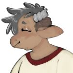 1:1 2021 ambiguous_gender anthro blush bovid bovine broken_horn brown_body brown_fur cattle clothed clothing digital_media_(artwork) eyes_closed fur grey_hair grey_horn hair horn lidded_eyes low_res mammal manitka manitka_storm multicolored_clothing multicolored_shirt multicolored_topwear shaved_sides shirt short_hair simple_background smile solo tan_clothing tan_shirt tan_topwear topwear white_background