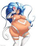  animal_humanoid anthro belly big_breasts big_hair blue_hair breasts capcom darkstalkers featureless_breasts felicia_(darkstalkers) felid feline female hair hi_res holding_belly humanoid mammal navel overweight solo thick_thighs thickerwasp video_games 