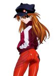  1girl animal_ears animal_hat ass badge blue_eyes bodysuit breasts brown_hair button_badge cabbie_hat cat_hat closed_mouth cowboy_shot dimples_of_venus evangelion:_3.0_you_can_(not)_redo expressionless eyepatch fake_animal_ears from_behind frown hair_over_one_eye hands_in_pockets hat hat_ornament jacket joy_ride legs_apart long_hair long_sleeves looking_at_viewer looking_back mecha_pilot_suit neon_genesis_evangelion plugsuit_(evangelion) pocket rebuild_of_evangelion red_bodysuit shiny_clothes signature simple_background single_vertical_stripe skin_tight skull_print small_breasts solo souryuu_asuka_langley tape track_jacket turtleneck two_side_up white_background 